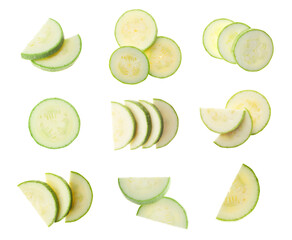 Set of cut squashes on white background, top view
