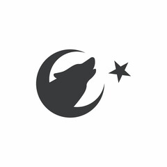 Black and white illustration of a wolf, month, star on a white background. Vector illustration for logo, emblems, stickers. Freedom symbol.