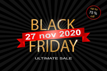  November 27 Black Friday sale banner. Luxury design with gold letters on black background and red ribbon