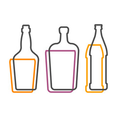 Simple line shape of whiskey liquor and beer bottle. One contour figure of flask, the second drink. Outline symbol beverage black color. Sign liquid colored. Isolated flat illustration