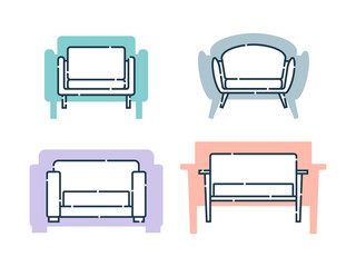 Four comfortable sofa with pillows. Flat illustration with settee on shape background. Modern stylish object for relaxation. Set images of couch in line art style. Element furniture of the interior