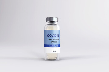 Corona virus vaccine sample, Concept image for world's first approved vaccine 10 ml vial doses manufacturing in nation scientific lab room background, 3D rendering.