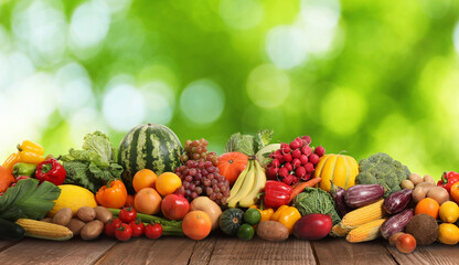 Assortment of fresh organic vegetables and fruits on wooden table against blurred green background
