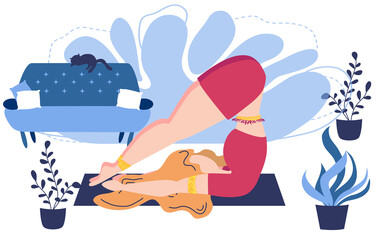 Relaxed young woman enjoying rest. Girl meditates. Trendy flat cartoon style. Meditation at Home