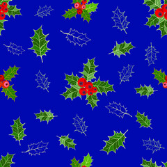 Seamless pattern with holly leaves and berries. Сhristmas symbol of longevity. Suitable for holiday packaging design.