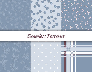 Set of seamless pastel pattern. Floral and geometric backgrounds. 