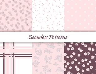 Set of seamless pastel pattern. Floral and geometric backgrounds. 