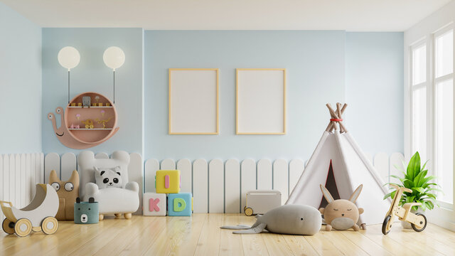 Mock up poster frame in children room,kids room,nursery mockup,blue wall.