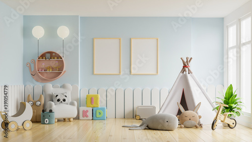 Download Mock Up Poster Frame In Children Room Kids Room Nursery Mockup Blue Wall Wall Mural Max3d007