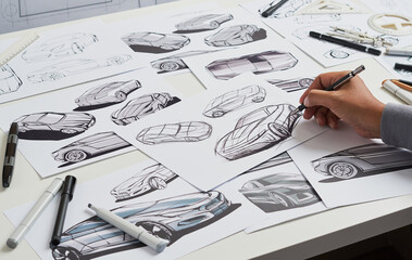 Designer engineer automotive design drawing sketch development Prototype concept car industrial...