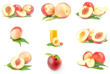 Group of ripe peaches over a white background