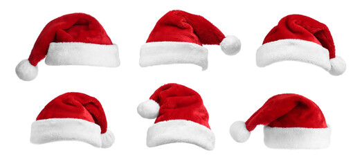 Set of red Santa hats on white background. banner deisgn