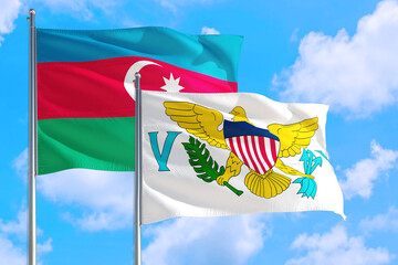 United States Virgin Islands and Azerbaijan national flag waving in the windy deep blue sky. Diplomacy and international relations concept.