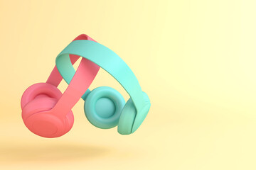 Minimal earphone wireless headset, Colorful Concept Arts with copy space for text and pastel background, 3D rendering