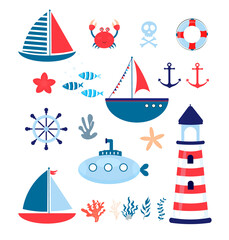 Plakat Cartoon sea life. Colorful set of sea transport. Elements of marine design: anchor, wheel, ship, lighthouse, crab, fish, starfish, lifebuoy.