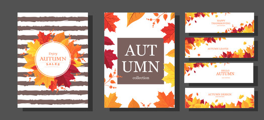 Naklejka premium Vector set of autumn banners. Bright autumn maple leaves. Vector illustration of EPS10