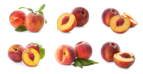 Set of ripe peaches on white background, banner design