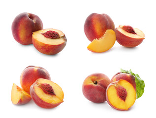 Set of ripe peaches on white background