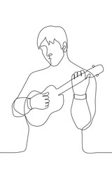 young man stands with a ukulele and plays. one line drawing of a man playing music on a small guitar