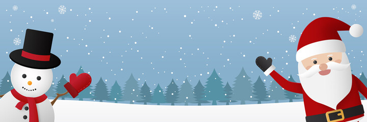 Cute santa claus and snowman with landscape forest. Merry christmas and happy new year. Christmas greeting card