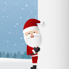 Santa claus with signboard. Merry christmas and happy new year. Christmas greeting card