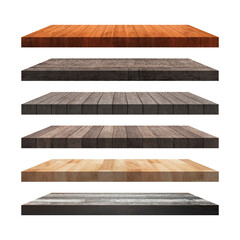 Set of Wooden old table isolated on white background. For your product placement or montage with focus to the table top in the foreground. Empty wood brown shelf
