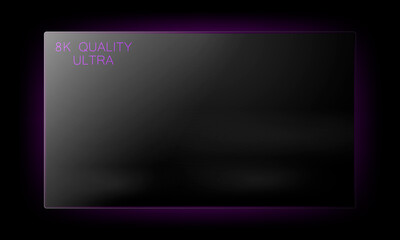 Slim modern TV with 8K quality and purple backlight on a black wall background, realistic TV with glare, vector illustration