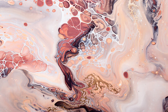 Acrylic Fluid Art. Brown Bubbles, Peach Waves And Gold Inclusion. Abstract Stone Background Or Texture