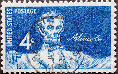USA - Circa 1958 : a postage stamp printed in the US showing a portrait of President Abraham Lincoln