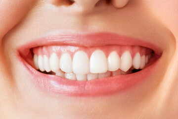 Perfect healthy teeth smile of a young woman. Teeth whitening. Dental care, stomatology concept.