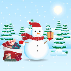 Christmas Snowman with gifts on the background of the winter landscape of Christmas. Vector illustration