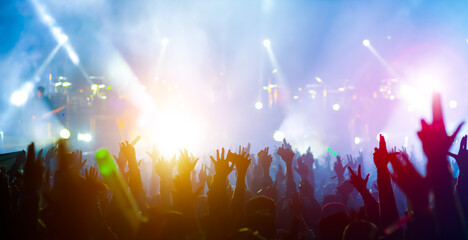 crowd with raised hands at concert festival - obrazy, fototapety, plakaty