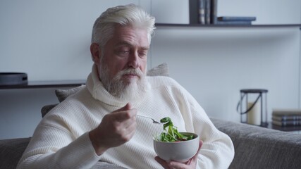 Elderly man feel happy enjoy eating diet food fresh salad on sofa