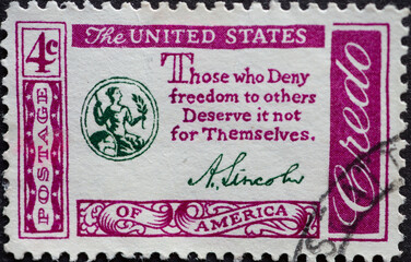 USA - Circa 1960 : a postage stamp printed in the US showing American Credo: Abraham Lincoln