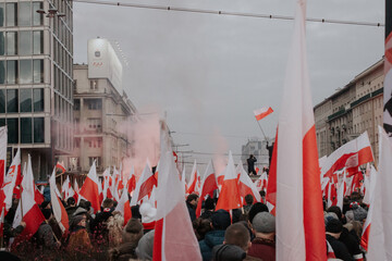 Warsaw, Poland - November 11, 2019: Poland Independence Day, demonstration in Warsaw, people marching with National Polish flags