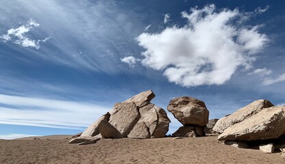 Impressive cloudscape over volcanic rock formations in vast sandy desert Atacama.