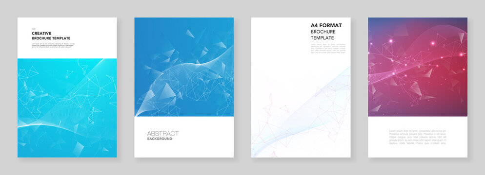A4 brochure layout of covers design templates for flyer leaflet, A4 brochure design, report, presentation, magazine cover, book design. Polygonal science background with connecting dots and lines.