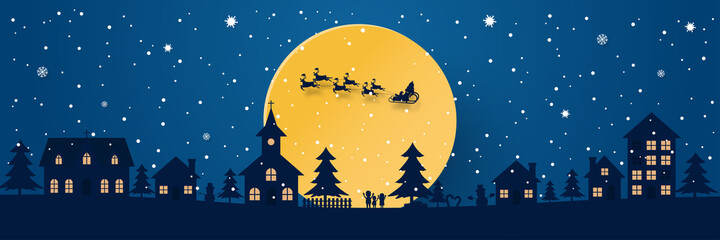 Naklejka premium Santa claus on the sky coming city village with christmas tree in night time with snowfall. Christmas season and Happy new year season