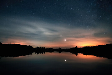 Little Mellon Lake at night at the dark sky viewing area with views of Jupiter and Saturn with the...