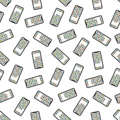 seamless pattern of modern colorful wallpaper with mobile phone for decoration. colored smartphone icons in thin line design style isolated on white background. stock vector Illustration