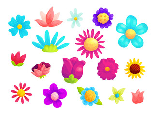Blooming summer flowers cartoon vector illustrations set. Plant blossom with pink and blue petals isolated on white background. Wildflowers, camomile, rose bud, daisy and sunflower design element