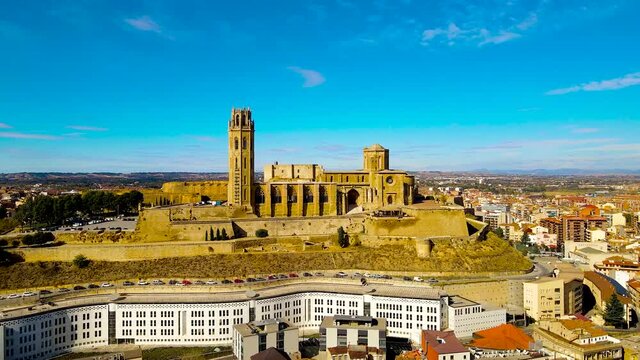 Aerial view of a Gothic-Romanesque cathedral in Lleida, an ancient city in Spain's northeastern Catalonia region