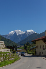Berchtesgaden view at snow capped mountains in the distance