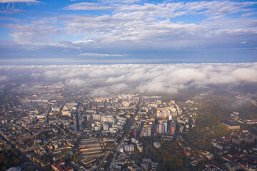 Aerial view on Lviv (Ukraine) through clouds