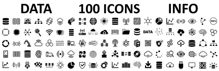 Database icons set, 100 big data universal icons set, data analysis, statistics, analytics web signs - stock vector - obrazy, fototapety, plakaty