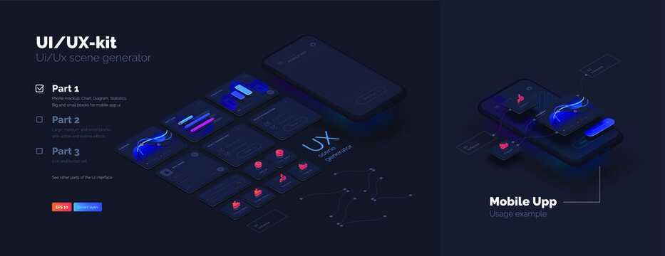 Toolkit-UI/UX scene creator. Part 1 Mobile application design. Smartphone mockup with active blocks and connections. Creation of the user interface. Modern vector illustration isometric style