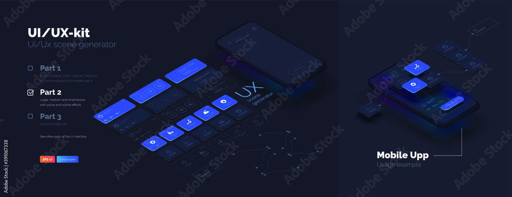 Poster Toolkit-UI/UX scene creator. Part 2 Mobile application design. Smartphone mockup with active blocks and connections. Creation of the user interface. Modern vector illustration isometric style