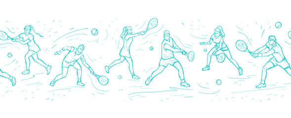 Men and women playing tennis. Tennis sports contest. Graphic seamless border vector sketch pattern with athletes. Racket sport game. Design for banner and web design