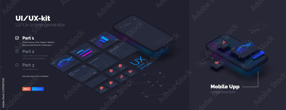 Poster Toolkit-UI/UX scene creator. Part 1 Mobile application design. Smartphone mockup with active blocks and connections. Creation of the user interface. Modern vector illustration isometric style
