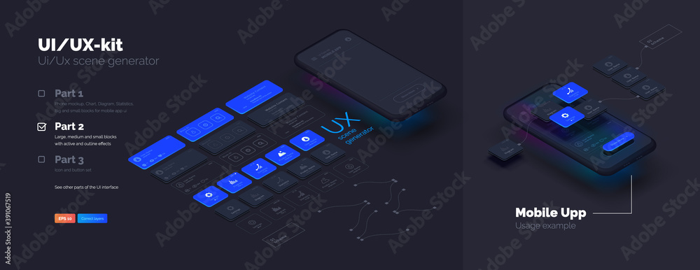 Poster Toolkit-UI/UX scene creator. Part 2 Mobile application design. Smartphone mockup with active blocks and connections. Creation of the user interface. Modern vector illustration isometric style